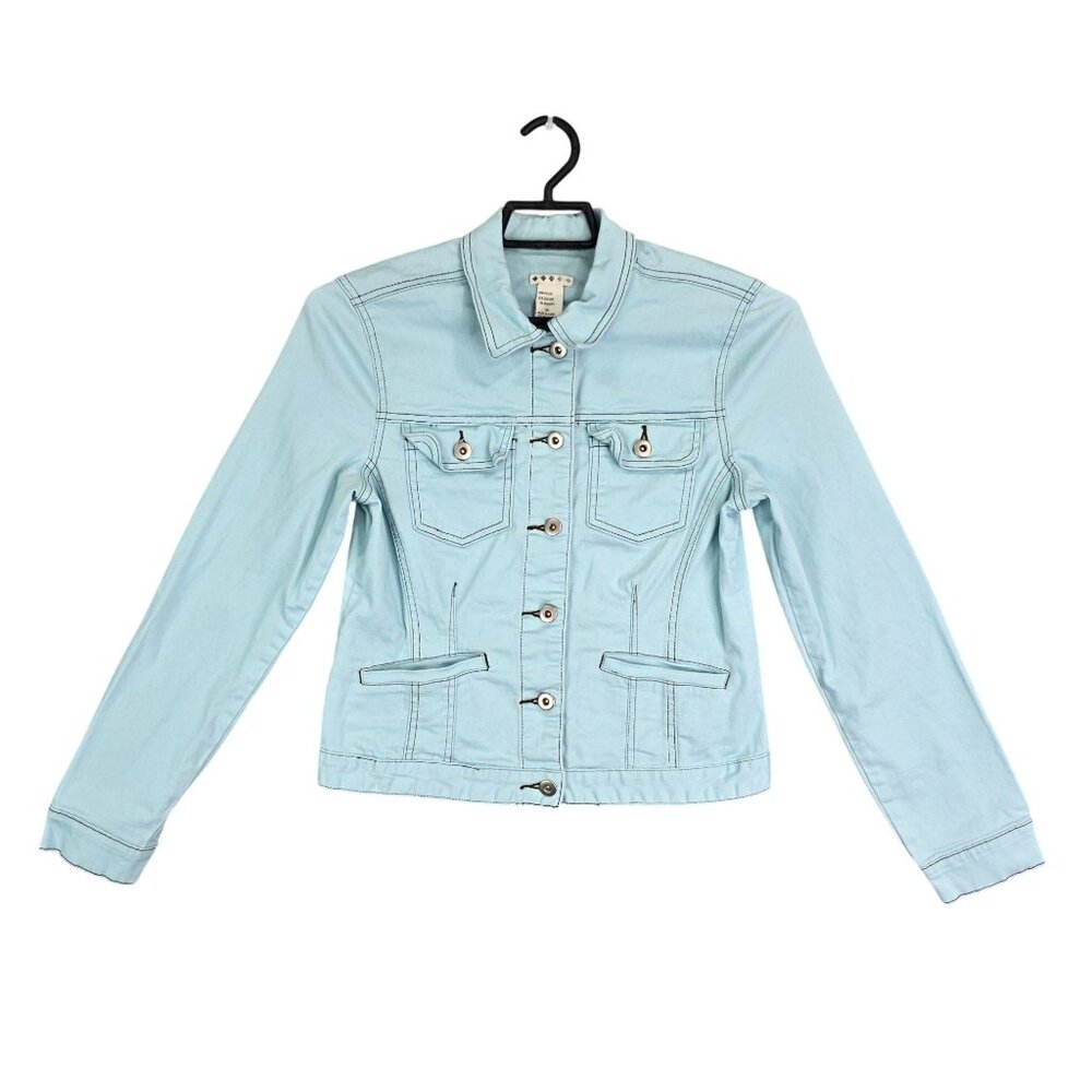 Girls Light Blue Denim Jacket Button Up Pockets Cotton Stretch Youth Size M